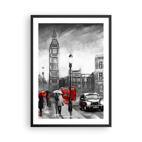 Plakát v černém rámu - Big Ben v deštivý den s červenými akcenty - 50x70cm - Vůbec ne šedé město - Moderní nástěnná dekorace do obývacího pokoje a ložnice ARTTOR