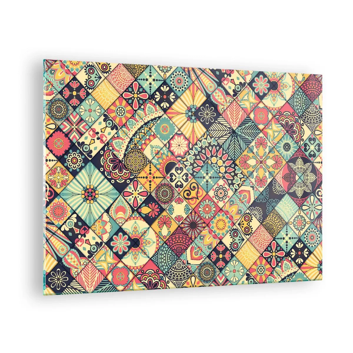 Obraz na skle - Barevný vzor inspirovaný marockými dlaždicemi s geometrickými motivy - 70x50cm - Marokánská vize - Moderní nástěnná dekorace do obývacího pokoje a ložnice ARTTOR