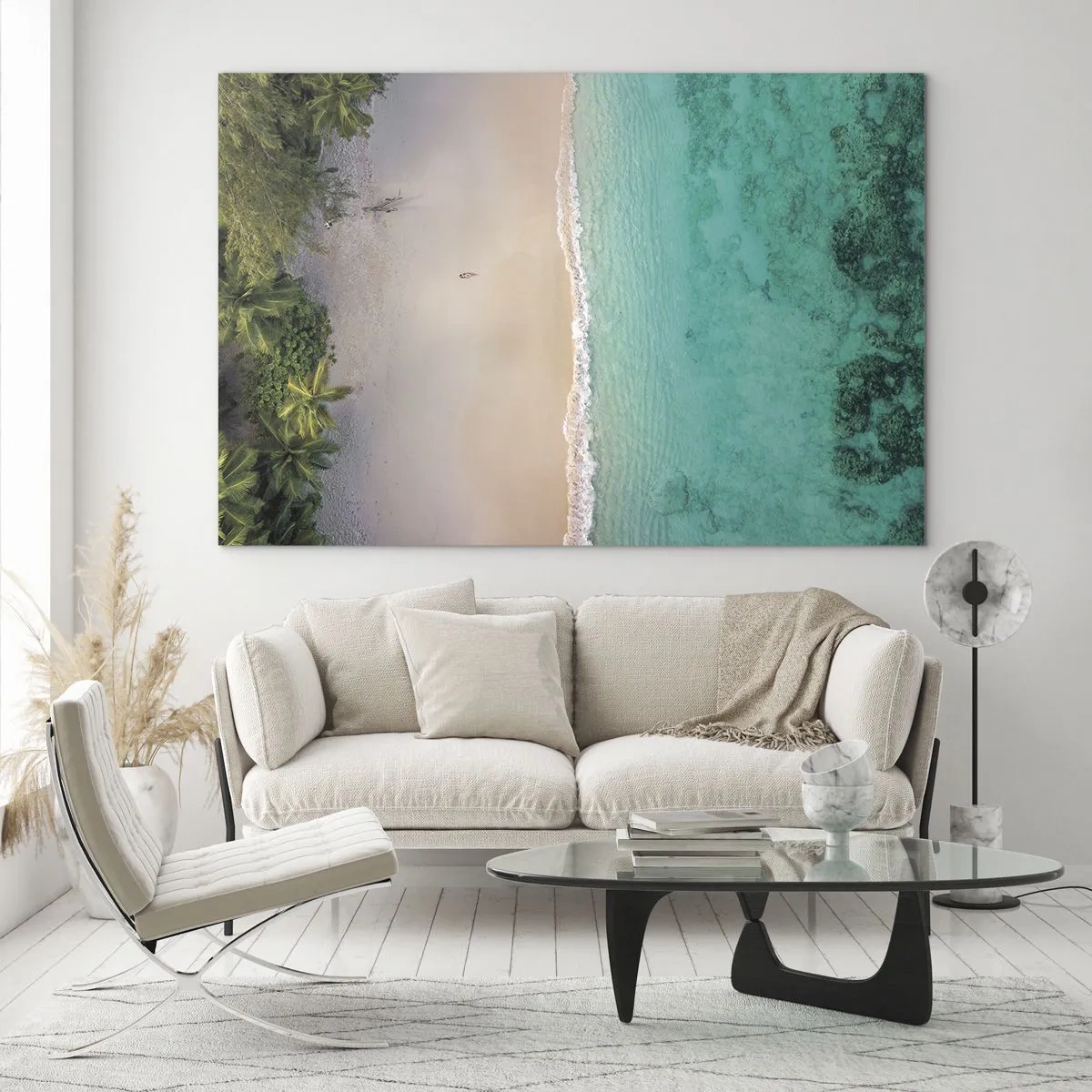 Obraz na skle - Letecký pohled na tropickou pláž a tyrkysové moře - 70x50cm - Rajská pláž - Moderní nástěnná dekorace do obývacího pokoje a ložnice ARTTOR