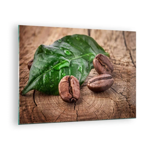 Obraz na skle - Kávová zrna na listu a dřevěném pozadí - 70x50cm - Nejskutečnější a černá - Moderní nástěnná dekorace do obývacího pokoje a ložnice ARTTOR