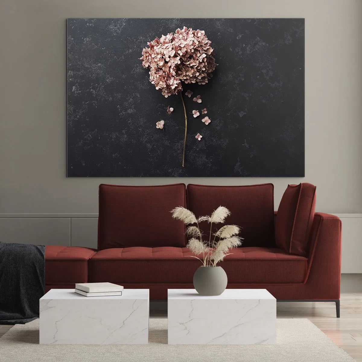 Obraz na skle - Suchá hortenzie s rozptýlenými okvětními lístky na tmavém pozadí - 70x50cm - Skutečně romantické znamení - Moderní nástěnná dekorace do obývacího pokoje a ložnice ARTTOR