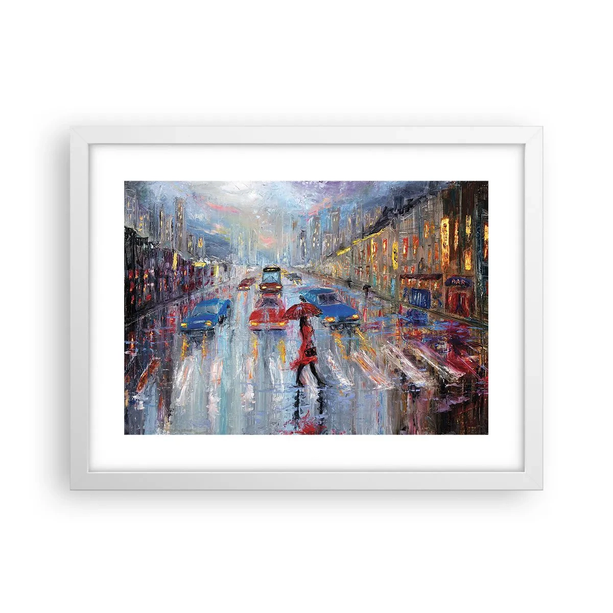 Plakát v bílém rámu - Deštivé odpoledne ve městě - 40x30 cm