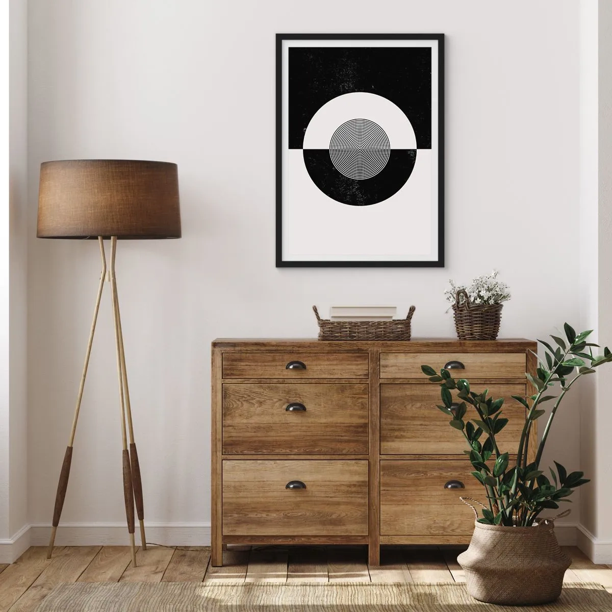 Plakát v černém rámu - Geometrický vzor v černé a bílé se soustředným kruhem - 50x70cm - Harmonie v černé a bílé - Moderní nástěnná dekorace do obývacího pokoje a ložnice ARTTOR