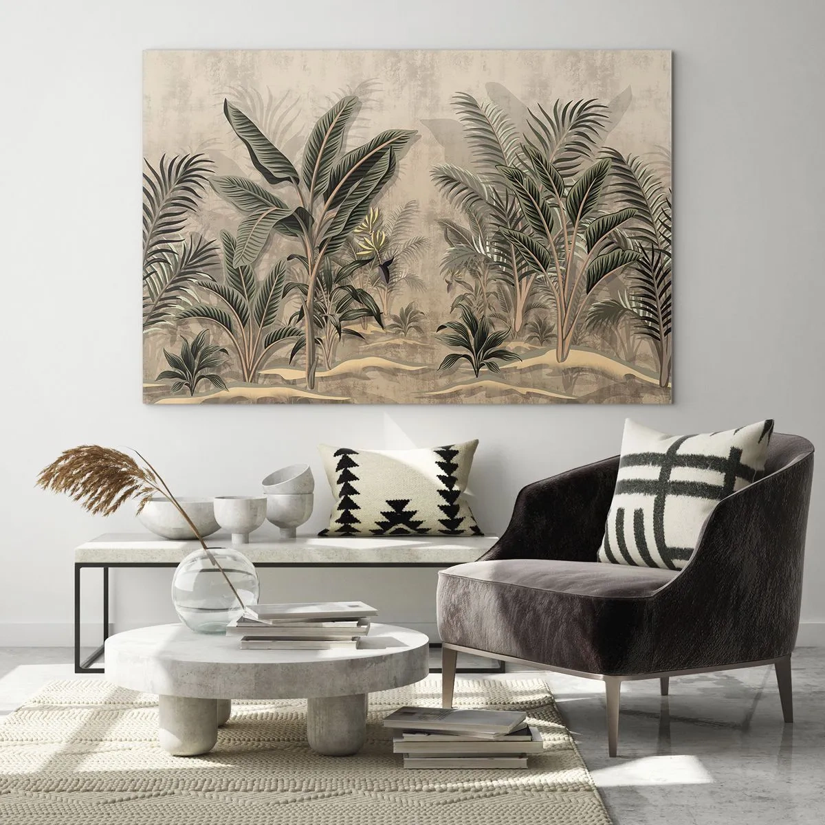 Obraz na skle - Tropické rostliny na béžovém pozadí v koloniálním stylu - 70x50cm - Rytina v koloniálním stylu - Moderní nástěnná dekorace do obývacího pokoje a ložnice ARTTOR