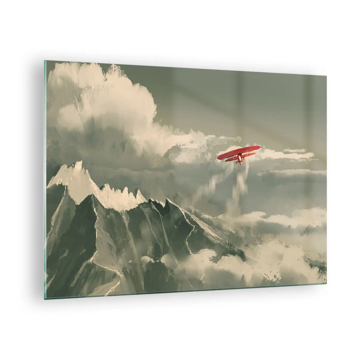 Obraz na skle - Červené letadlo letící nad zasněženými horami - 70x50cm - Nebojácný průkopník - Moderní nástěnná dekorace do obývacího pokoje a ložnice ARTTOR