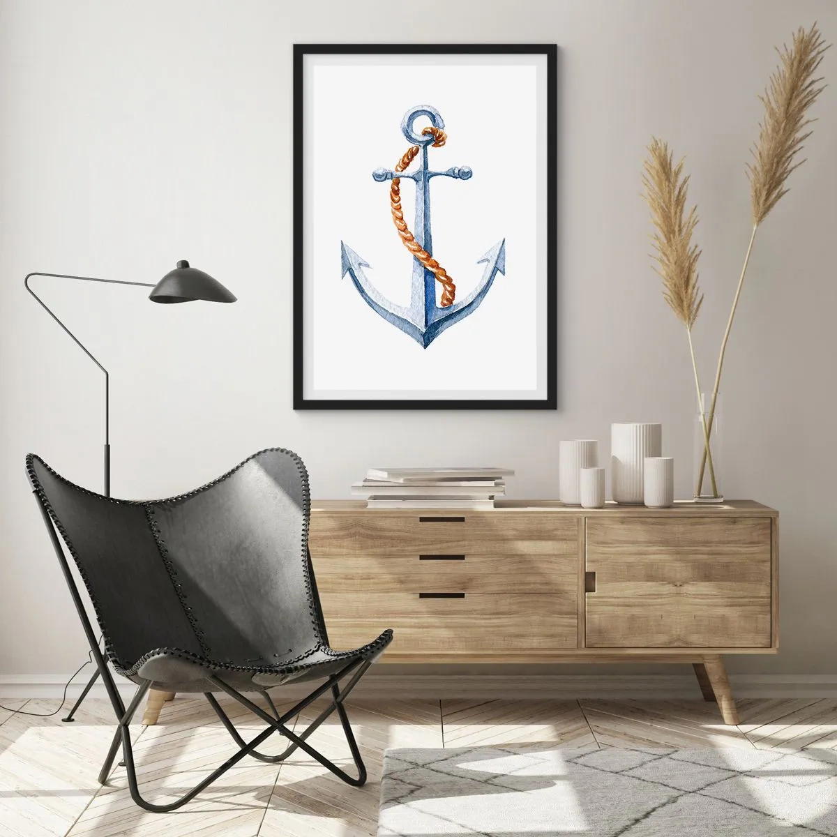 Plakát v černém rámu - Kotva s lanem ve stylu akvarelu - 50x70cm - Ahoj, dobrodružství! - Moderní nástěnná dekorace do obývacího pokoje a ložnice ARTTOR
