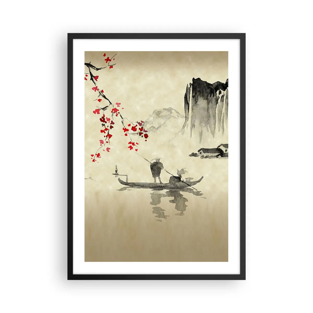 Plakát v černém rámu - Orientální scéna s rybáři na lodi - 50x70cm - V zemi kvetoucích třešní - Moderní nástěnná dekorace do obývacího pokoje a ložnice ARTTOR