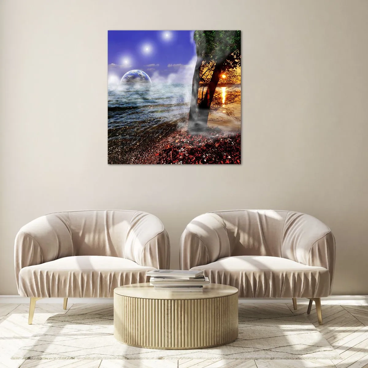 Obraz na skle - Surrealistická krajina - jednota přírody - 40x40 cm