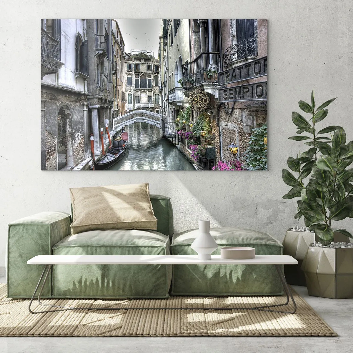 Obraz na skle - Romantický výhled na benátský kanál s gondolou - 70x50cm - Od staletí v tichém zamyšlení - Moderní nástěnná dekorace do obývacího pokoje a ložnice ARTTOR