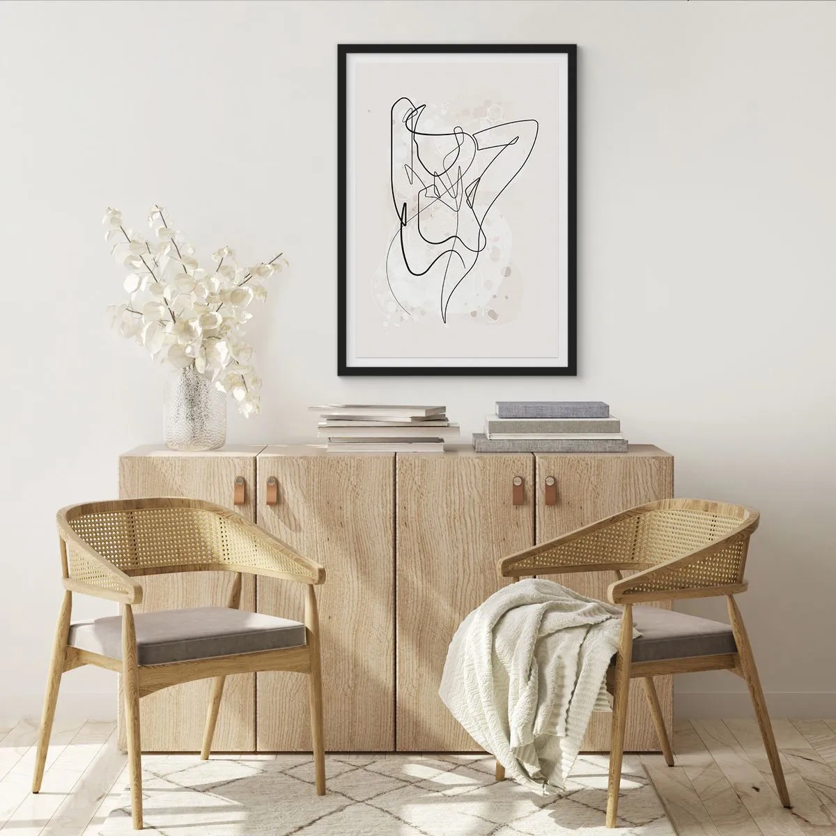 Plakát v černém rámu - Abstraktní linie představující siluetu ženy - 50x70cm - Umění svádění - Moderní nástěnná dekorace do obývacího pokoje a ložnice ARTTOR