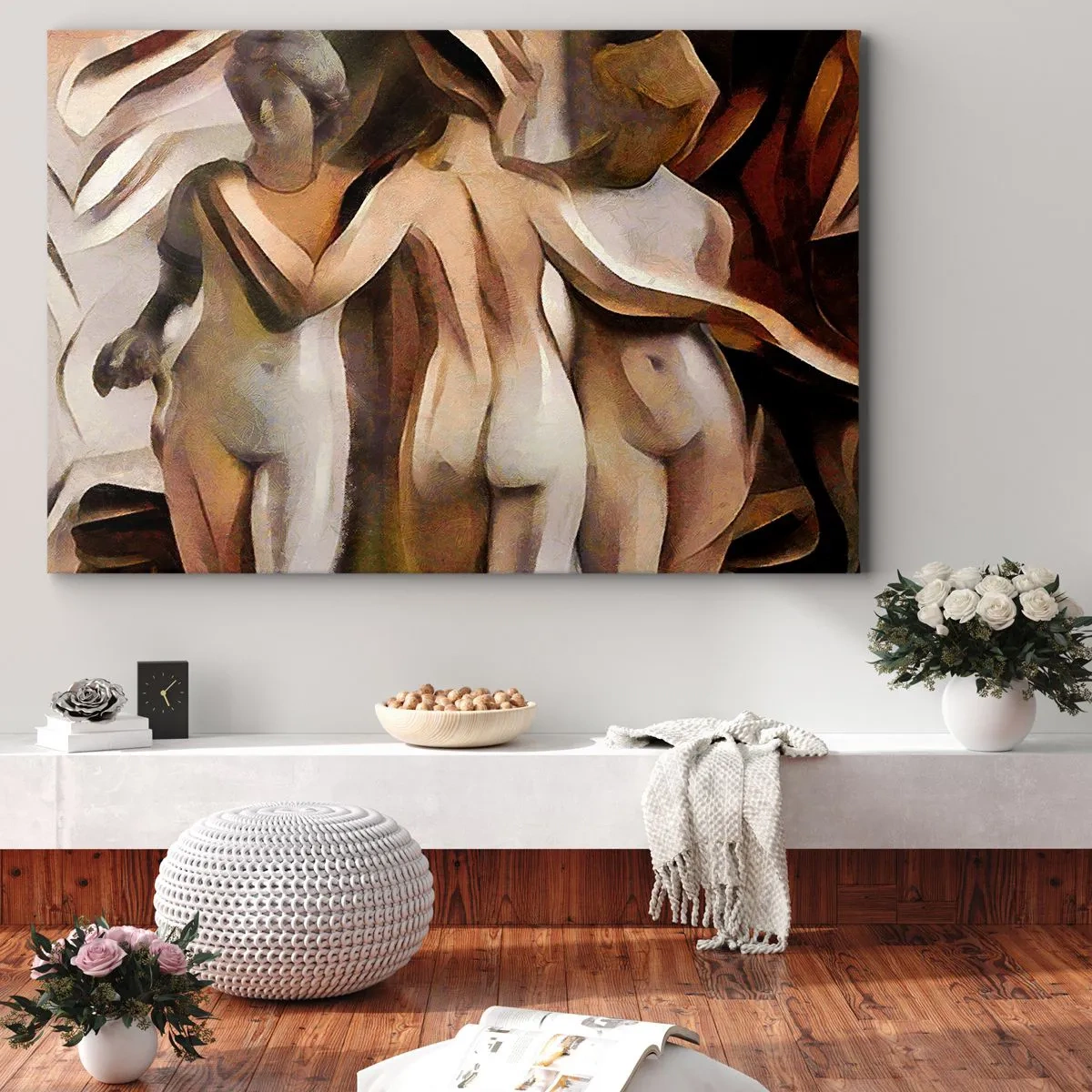 Obraz na plátně - Abstraktní scéna se třemi postavami v teplých barvách. - 70x50cm - Tři Grácie 2.0 - Moderní nástěnná dekorace do obývacího pokoje a ložnice ARTTOR