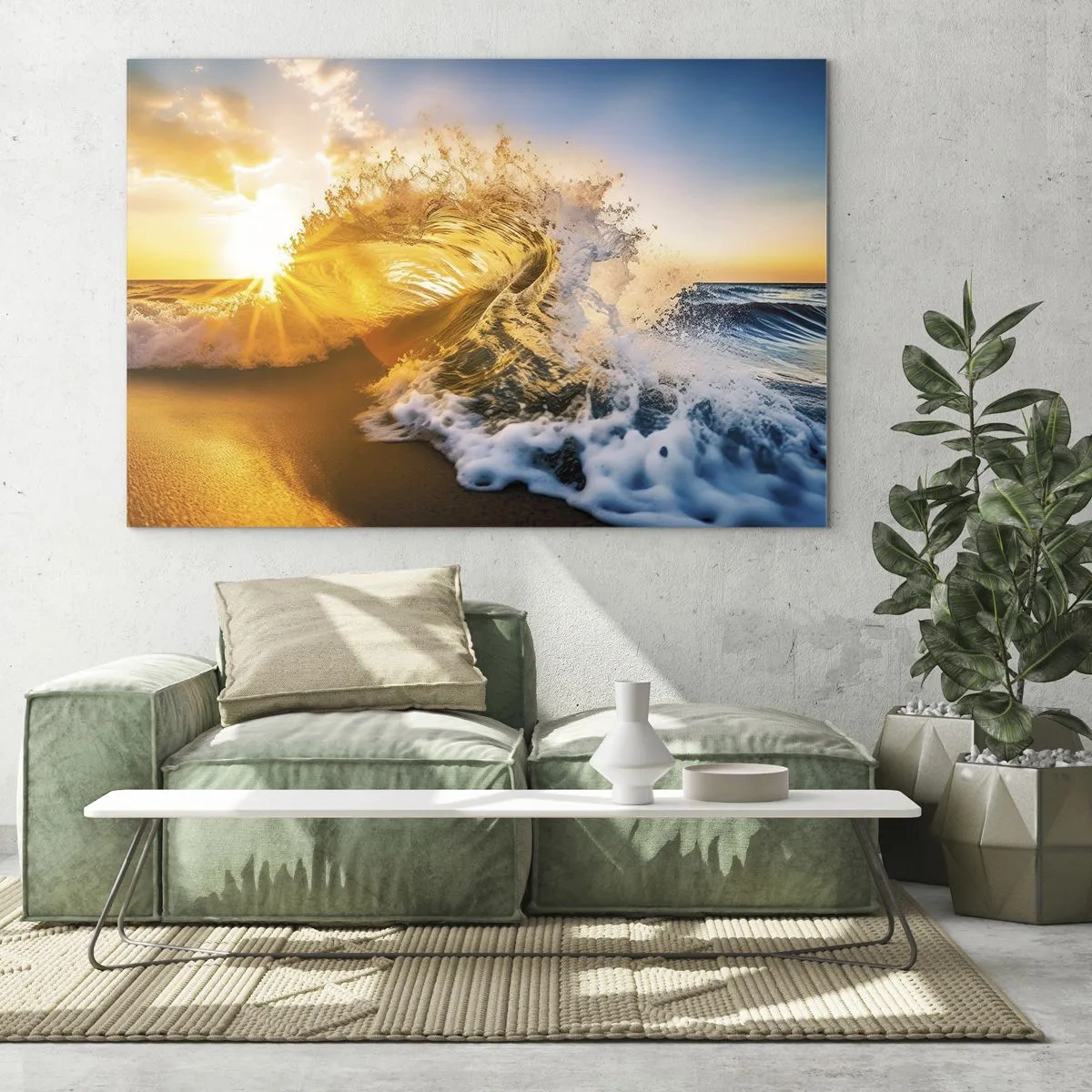 Obraz na skle - Vlna narážející na břeh, ozářená paprsky zapadajícího slunce - 70x50cm - Hra v písku - Moderní nástěnná dekorace do obývacího pokoje a ložnice ARTTOR