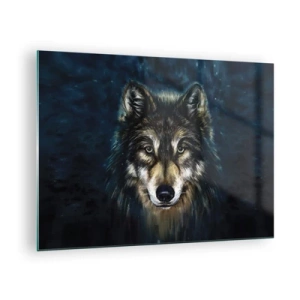 Obraz na skle - Vlk na tmavém lesním pozadí v realistickém stylu. - 70x50cm - Alfa? A omega - Moderní nástěnná dekorace do obývacího pokoje a ložnice ARTTOR