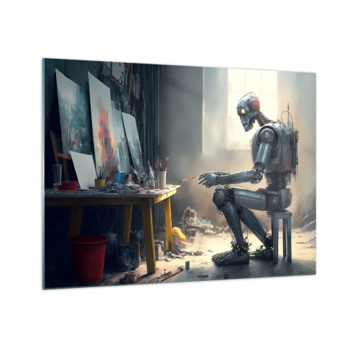 Obraz na skle - Robot maluje obrazy v uměleckém ateliéru - 70x50cm - Akt stvoření - Moderní nástěnná dekorace do obývacího pokoje a ložnice ARTTOR