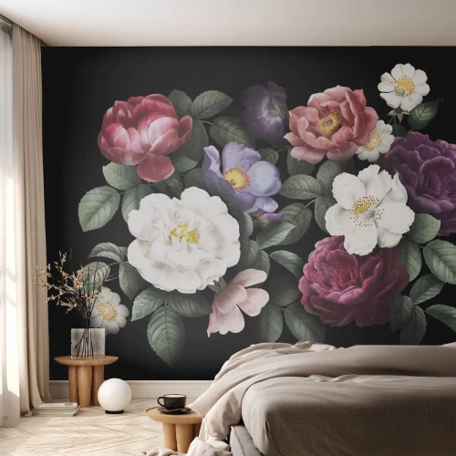 Fototapeta Standard Eco - Kompozice barevných květin na černém pozadí - 100x70cm - Z anglické zahrady - Moderní nástěnná dekorace do obývacího pokoje a ložnice ARTTOR
