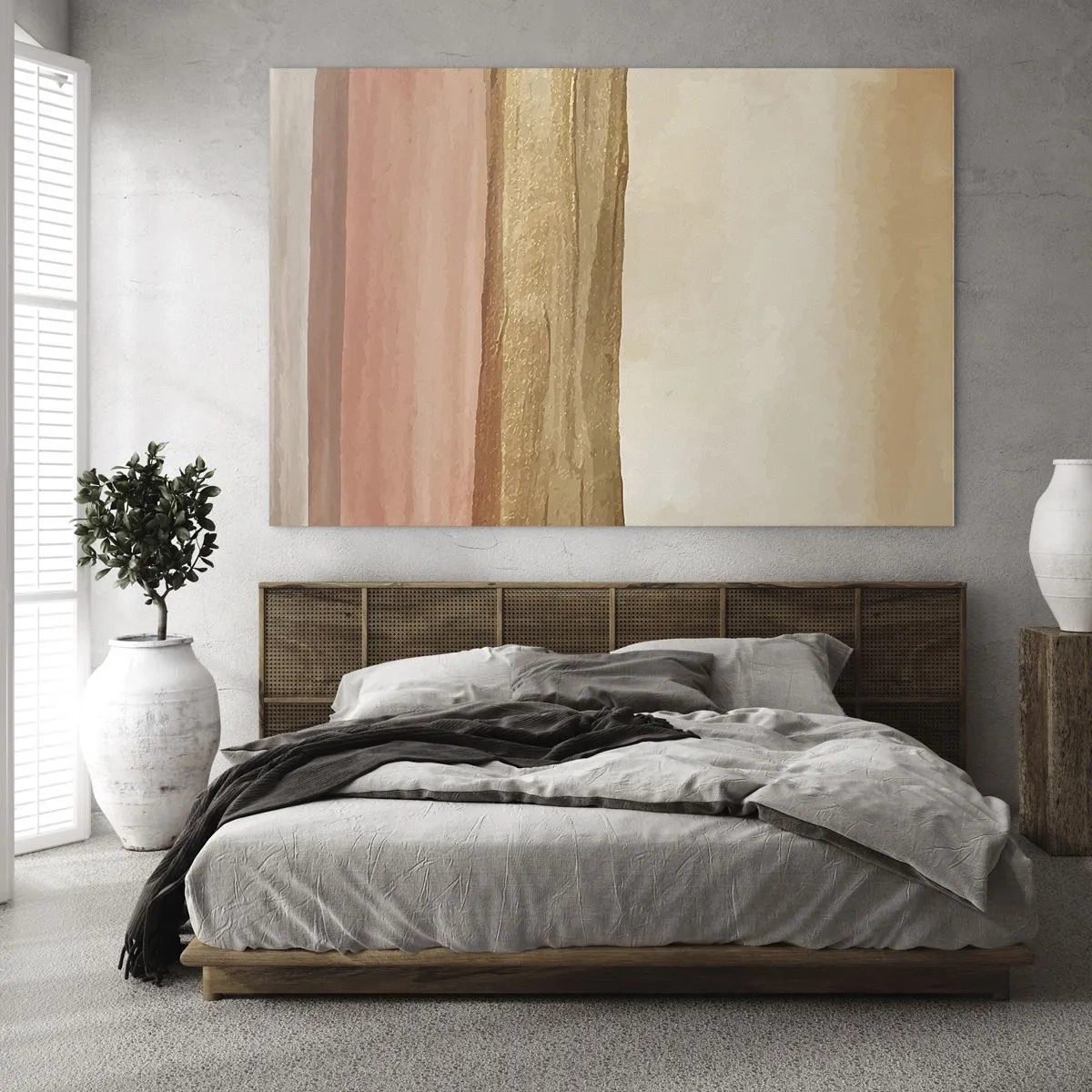 Obraz na skle - Abstraktní pruhy v teplých odstínech béžové a zlaté - 70x50cm - Vertikální kompozice - Moderní nástěnná dekorace do obývacího pokoje a ložnice ARTTOR