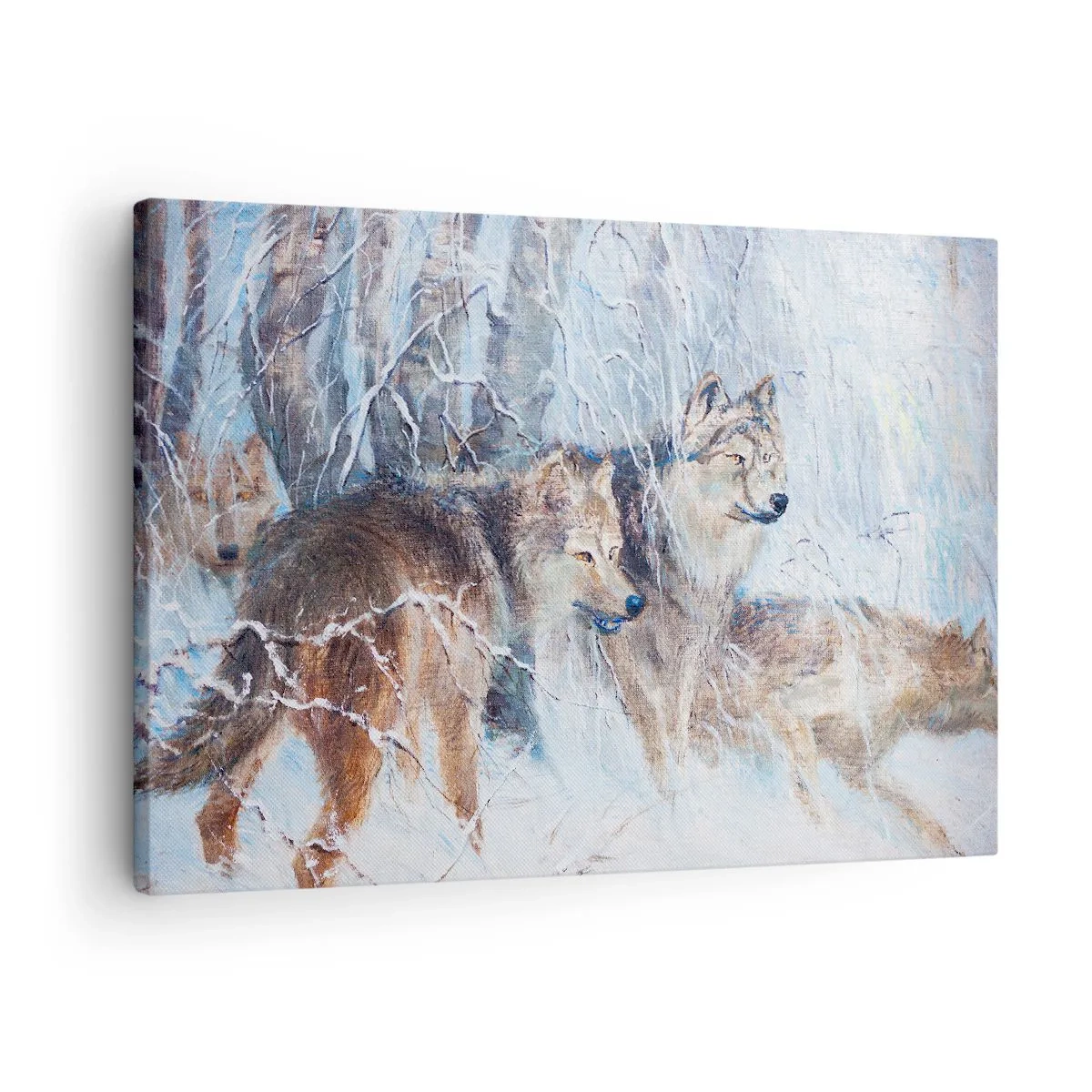 Obraz na plátně - Vlci v zimním lese na zasněženém pozadí - 70x50cm - Pozor! Přichází… - Moderní nástěnná dekorace do obývacího pokoje a ložnice ARTTOR