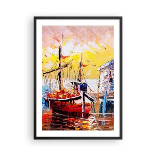 Plakát v černém rámu - Malebná loď na pozadí zapadajícího slunce - 50x70cm - Šťastný návrat - Moderní nástěnná dekorace do obývacího pokoje a ložnice ARTTOR
