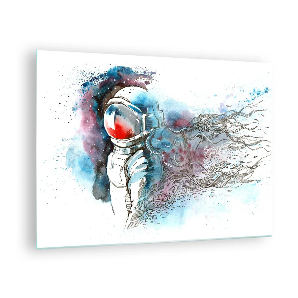 Obraz na skle - Astronaut v dynamickém akvarelovém vesmírném prostředí - 70x50cm - Sám s vesmírem - Moderní nástěnná dekorace do obývacího pokoje a ložnice ARTTOR