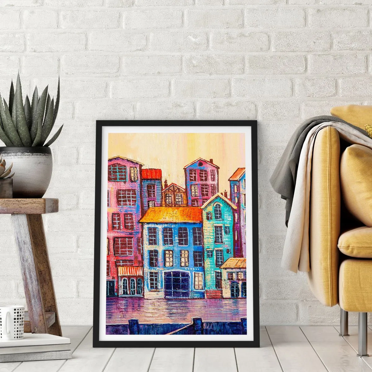 Plakát v černém rámu - Barevné činžovní domy u vody v malířském stylu - 50x70cm - Město jako z pohádky - Moderní nástěnná dekorace do obývacího pokoje a ložnice ARTTOR