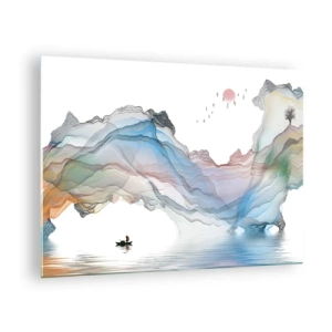 Obraz na skle - Barevné hory s lodí na vodě ve stylu akvarelu - 70x50cm - Ke křišťálovým horám - Moderní nástěnná dekorace do obývacího pokoje a ložnice ARTTOR