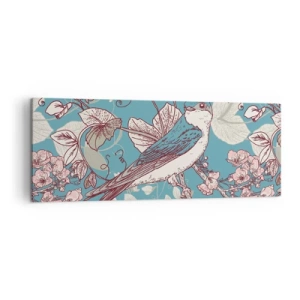 Obraz na plátně - Na bílém stromě ptáci a stříbrné listí - 140x50 cm