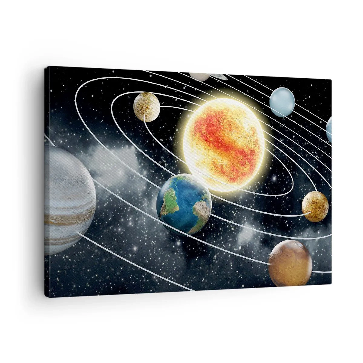 Obraz na plátně - Sluneční soustava s planetami a sluncem ve vesmíru - 70x50cm - Vesmírný tanec - Moderní nástěnná dekorace do obývacího pokoje a ložnice ARTTOR