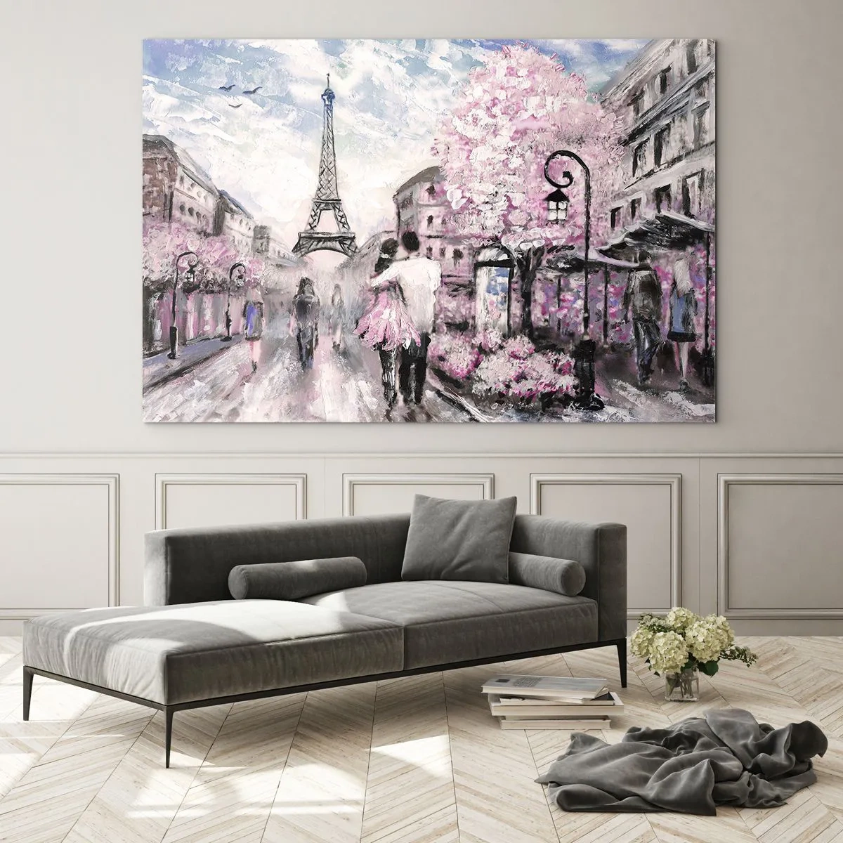 Obraz na skle - Romantický pár v Paříži s Eiffelovou věží v pozadí - 70x50cm - Když se zamilovat, tak jenom v… - Moderní nástěnná dekorace do obývacího pokoje a ložnice ARTTOR