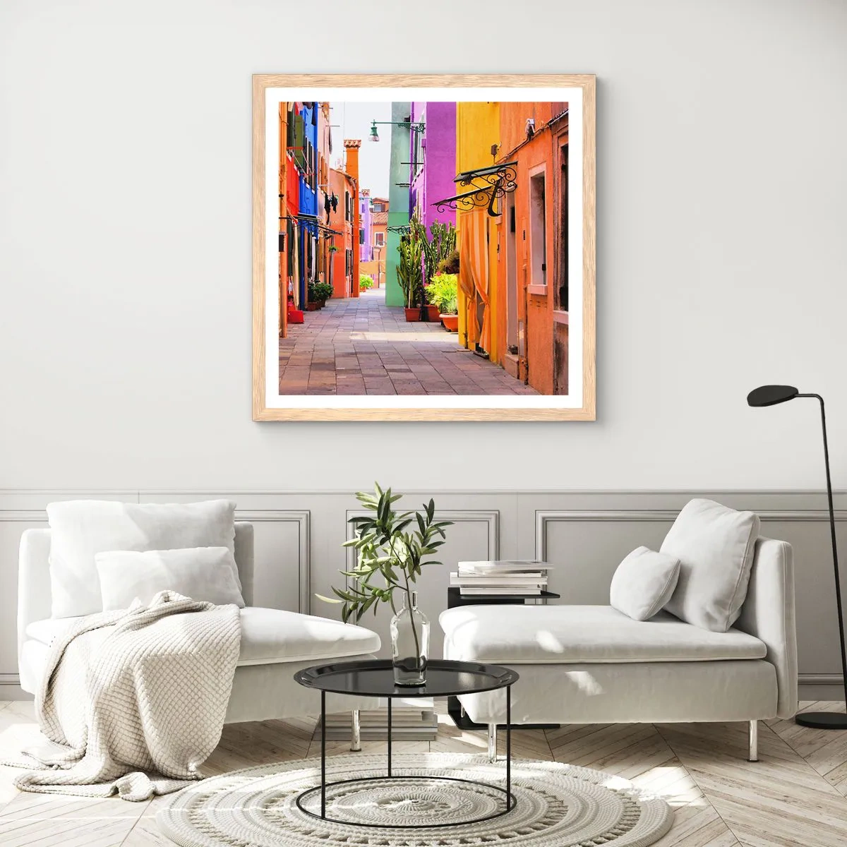 Plakát v rámu světlý dub - Duhová ulička - 50x50 cm