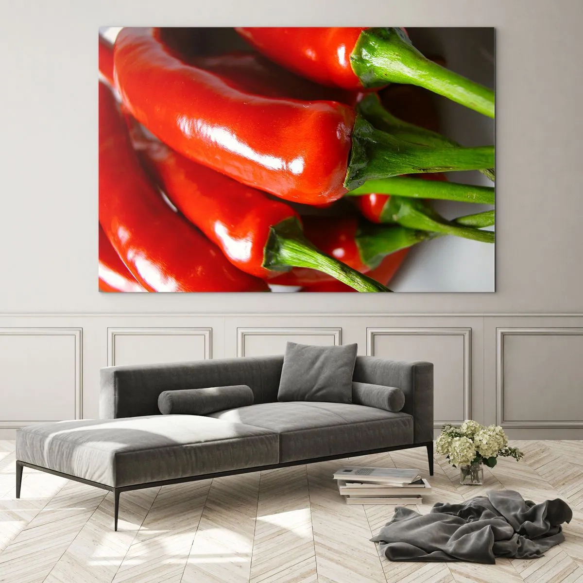 Obraz na skle - Červené chilli papričky se zelenými stonky - 70x50cm - Šťavnaté, lesklé, hladké - Moderní nástěnná dekorace do obývacího pokoje a ložnice ARTTOR