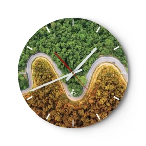 Nástěnné hodiny - Klikatá asfaltová silnice protínající les shora - 30x30cm - Hranice a průlomy - Moderní nástěnná dekorace do obývacího pokoje, kuchyně a ložnice ARTTOR