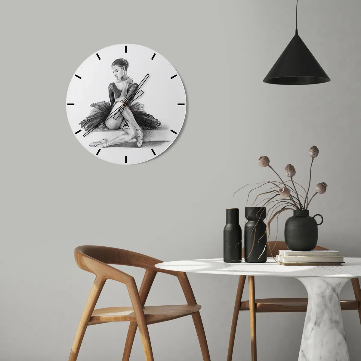 Nástěnné hodiny - Náčrt baletky v klasické póze - 30x30cm - Okouzlená tancem - Moderní nástěnná dekorace do obývacího pokoje, kuchyně a ložnice ARTTOR