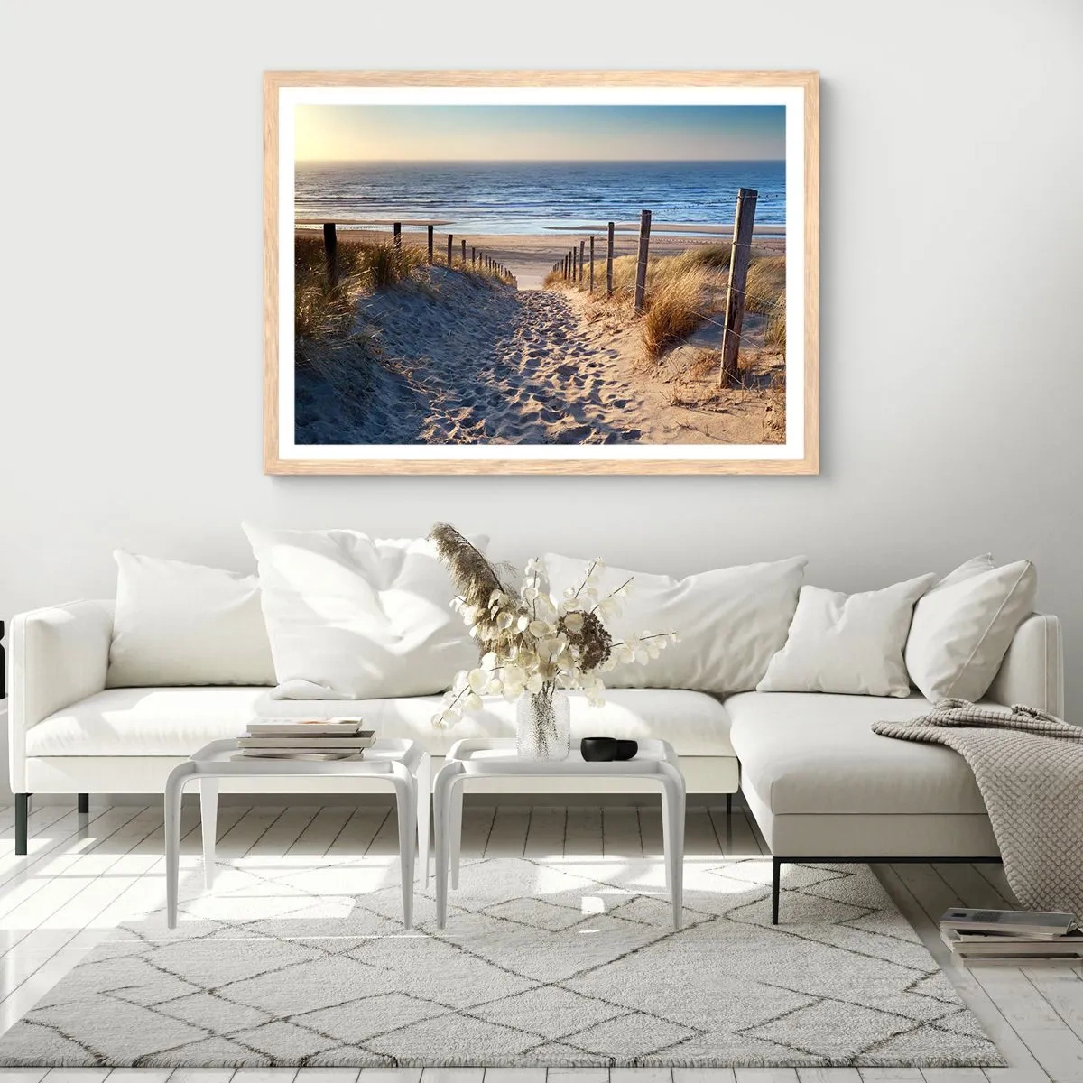 Plakát v rámu světlý dub - Šumění moře, zpěv ptáků, divoká pláž uprostřed trávy… - 40x30 cm