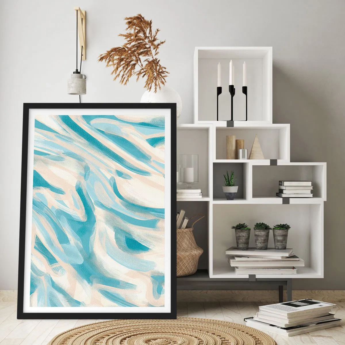 Plakát v černém rámu - Abstraktní vlny v modrých a béžových odstínech - 50x70cm - Jarní závany - Moderní nástěnná dekorace do obývacího pokoje a ložnice ARTTOR