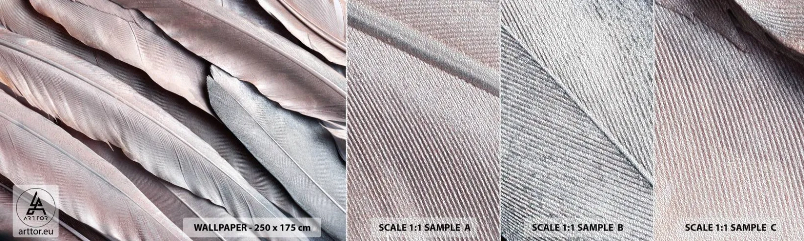 Vzor Fototapety Premium Sand - V růžové a stříbrné - Ptačí pírko, Grafika, Boho - 100x30 cm