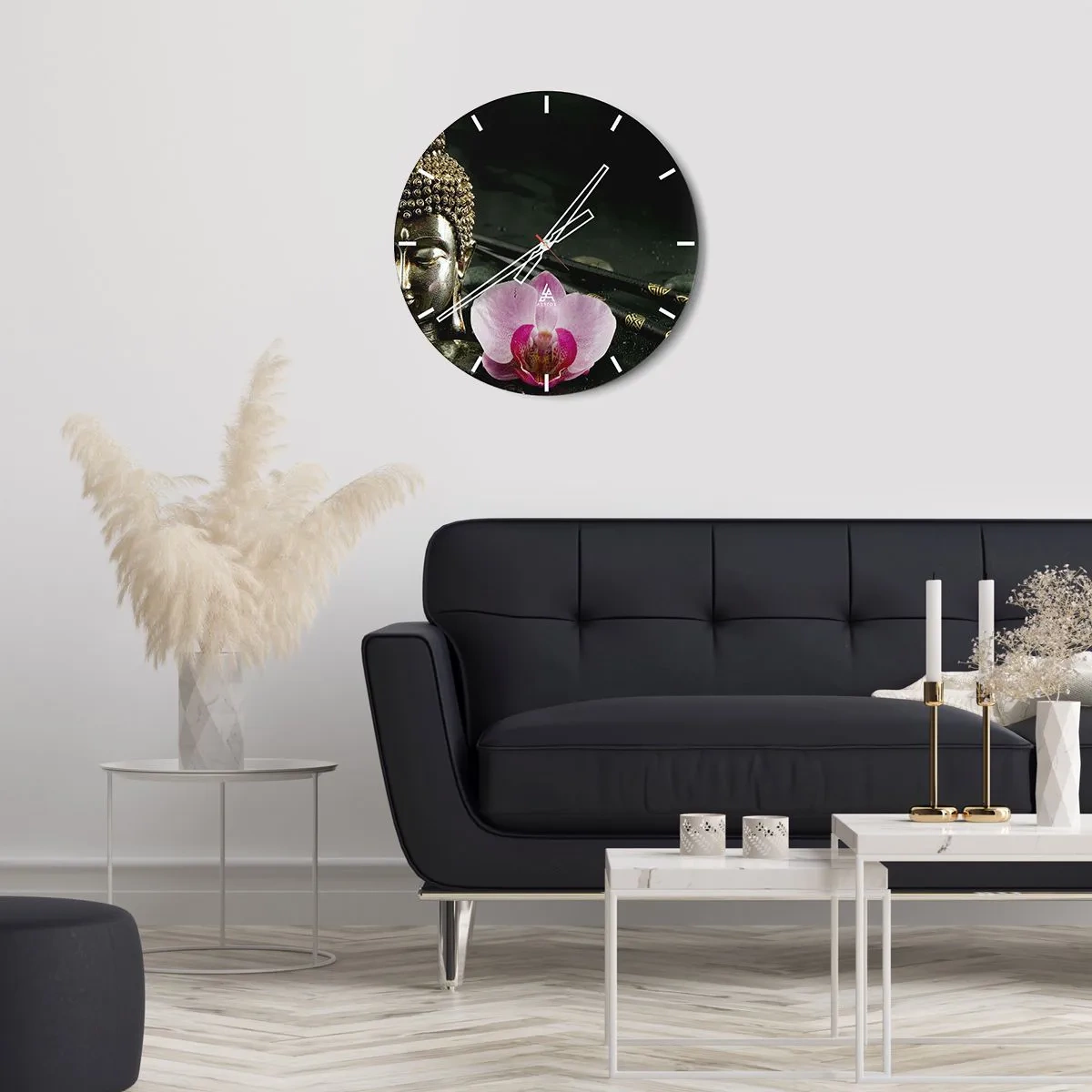 Nástěnné hodiny - Buddhova postava s orchidejí v orientálním stylu - 30x30cm - Soulad moudrosti a krásy - Moderní nástěnná dekorace do obývacího pokoje, kuchyně a ložnice ARTTOR