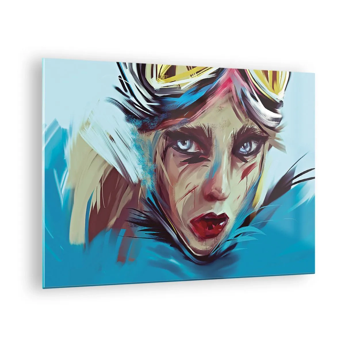 Obraz na skle - Portrét ženy s brýlemi a modrými tahy štětcem - 70x50cm - Silniční válečnice - Moderní nástěnná dekorace do obývacího pokoje a ložnice ARTTOR
