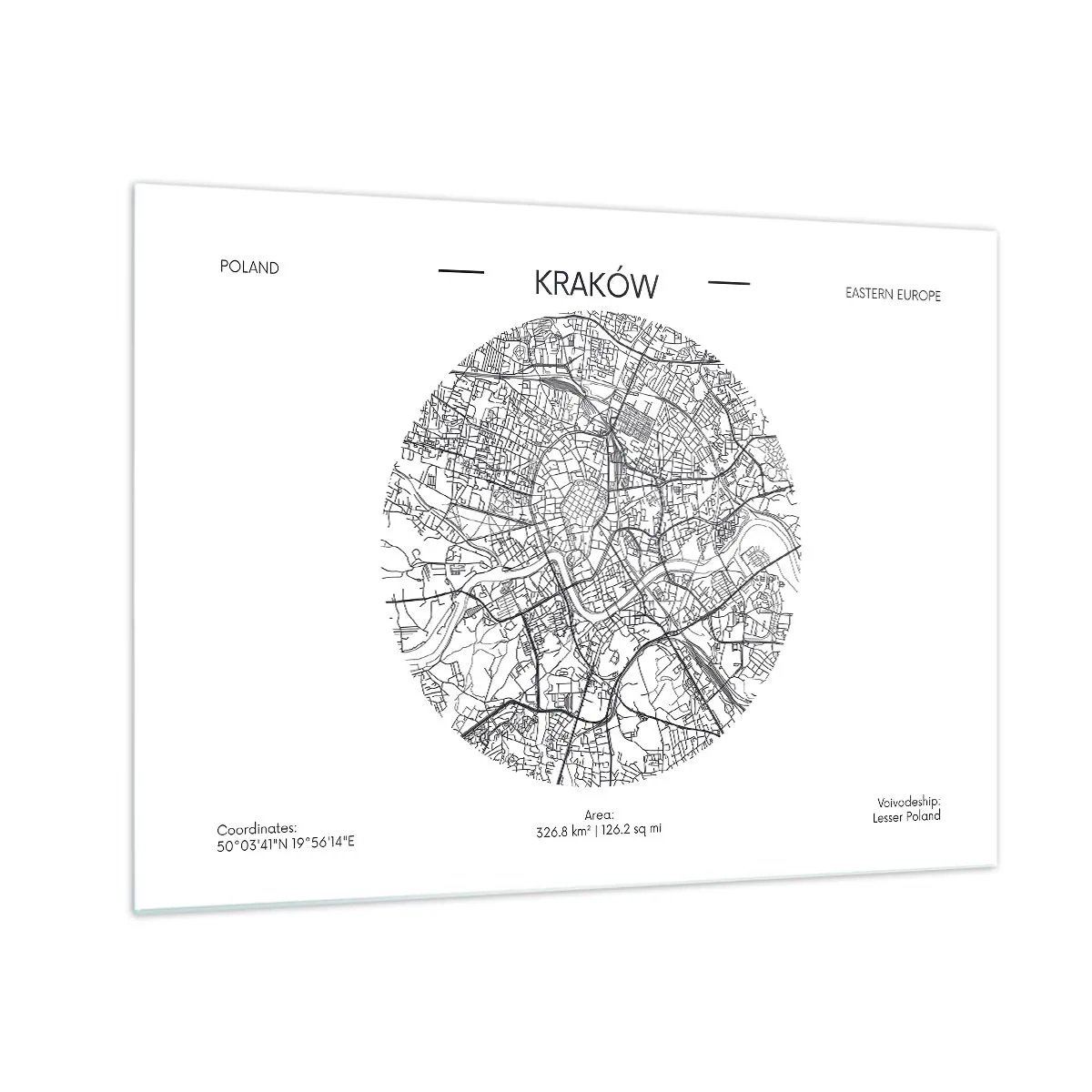 Obraz na skle - Mapa Krakova v černobílém ilustračním stylu - 70x50cm - Anatomie Krakova - Moderní nástěnná dekorace do obývacího pokoje a ložnice ARTTOR