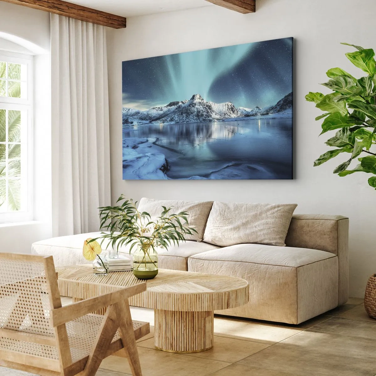Obraz na plátně - Polární záře nad zasněženými horami a jezerem - 70x50cm - Noc plná světla - Moderní nástěnná dekorace do obývacího pokoje a ložnice ARTTOR