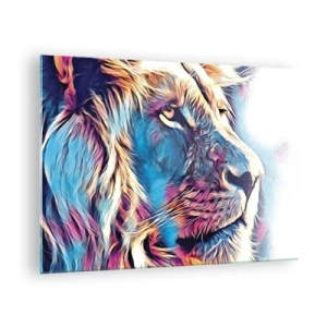 Obraz na skle - Barevná grafika lva v moderním uměleckém stylu - 70x50cm - Moudrost přírody - Moderní nástěnná dekorace do obývacího pokoje a ložnice ARTTOR