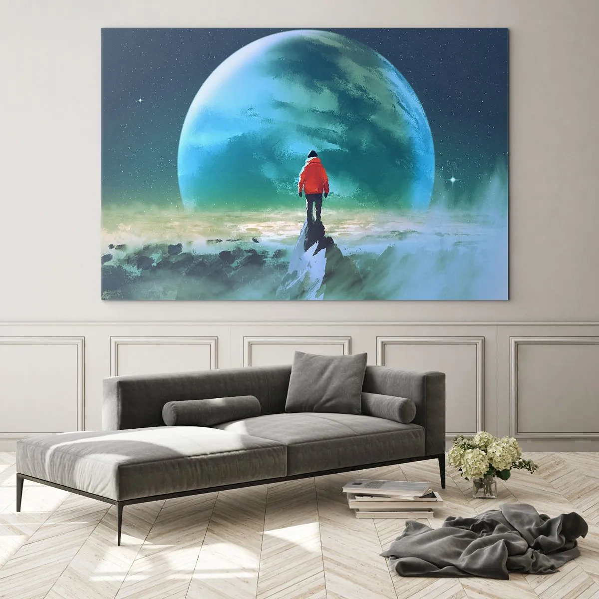 Obraz na skle - Postava v červené bundě na pozadí obrovské planety a hvězd - 70x50cm - Objevitel nové zemi - Moderní nástěnná dekorace do obývacího pokoje a ložnice ARTTOR