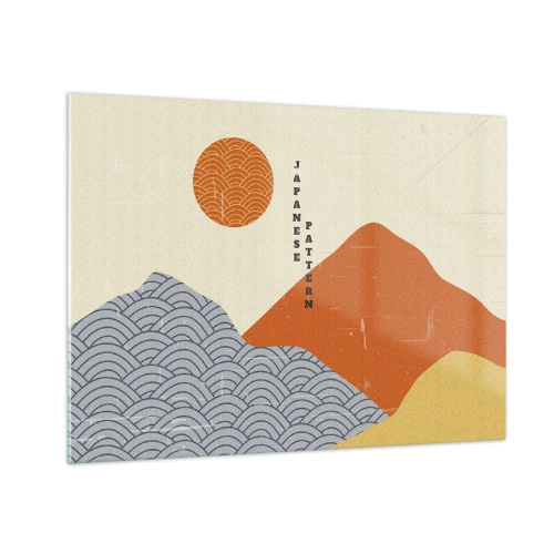 Obraz na skle - Grafika s japonskými vzory hor a slunce - 70x50cm - V japonském duchu - Moderní nástěnná dekorace do obývacího pokoje a ložnice ARTTOR