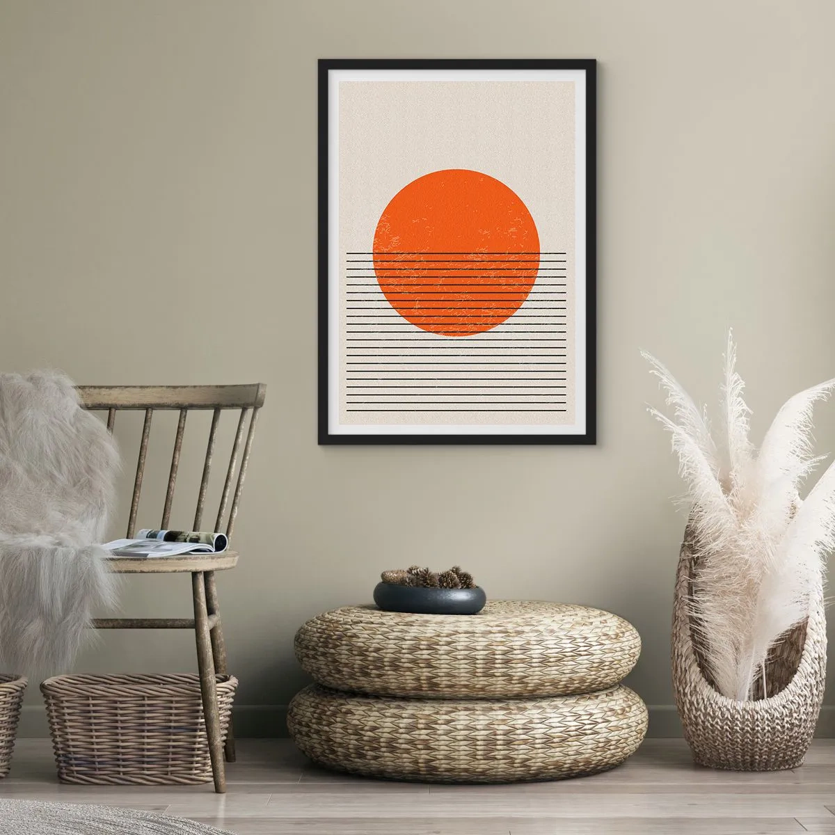 Plakát v černém rámu - Minimalistický západ slunce v geometrické formě - 50x70cm - Vždy slunce - Moderní nástěnná dekorace do obývacího pokoje a ložnice ARTTOR
