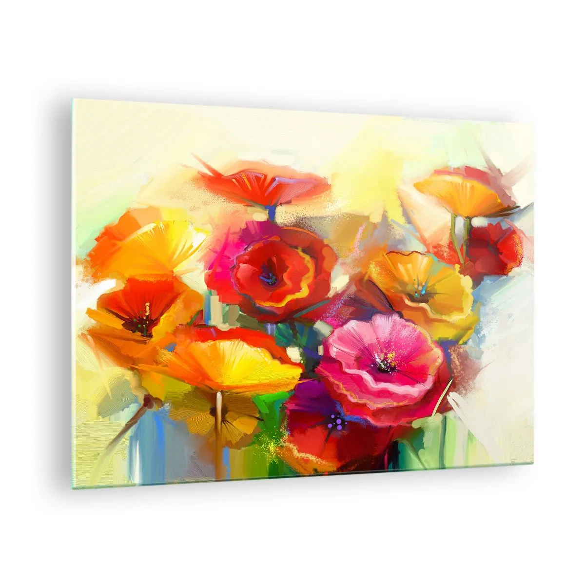 Obraz na skle - Barevné máky v zářivých barvách - 70x50cm - Nejenom červené - Moderní nástěnná dekorace do obývacího pokoje a ložnice ARTTOR