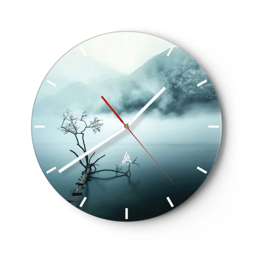Nástěnné hodiny - Strom na zatopené lávce uprostřed mlhy a hor - 30x30cm - Z vody a mlhy - Moderní nástěnná dekorace do obývacího pokoje, kuchyně a ložnice ARTTOR