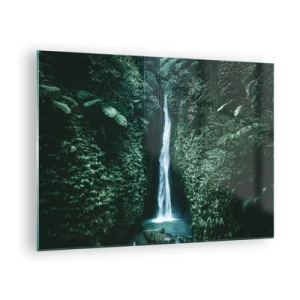 Obraz na skle - Vodopád uprostřed husté tropické vegetace - 70x50cm - Tropický pramen - Moderní nástěnná dekorace do obývacího pokoje a ložnice ARTTOR