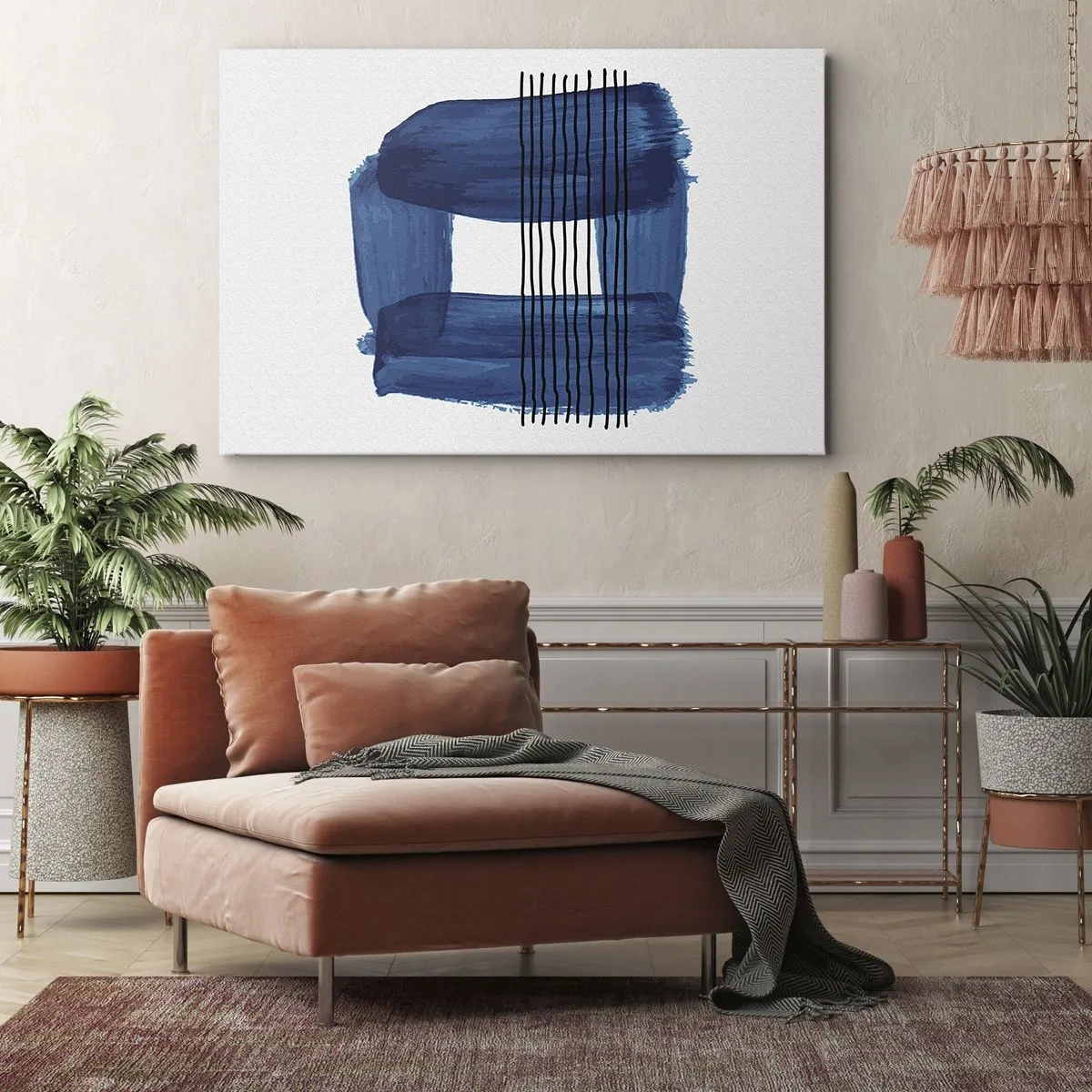 Obraz na plátně - Abstraktní vzor v odstínech modré s černými linkami - 70x50cm - Modročerná kompozice - Moderní nástěnná dekorace do obývacího pokoje a ložnice ARTTOR