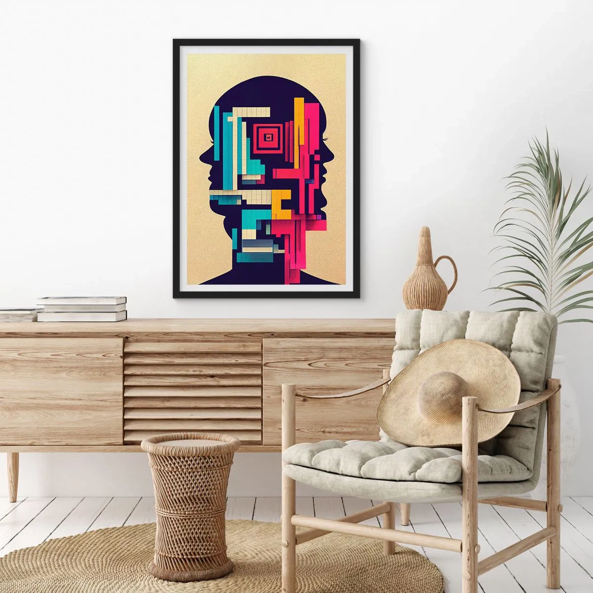 Plakát v černém rámu - Abstraktní silueta s geometrickými tvary - 50x70cm - Nové vazby - Moderní nástěnná dekorace do obývacího pokoje a ložnice ARTTOR