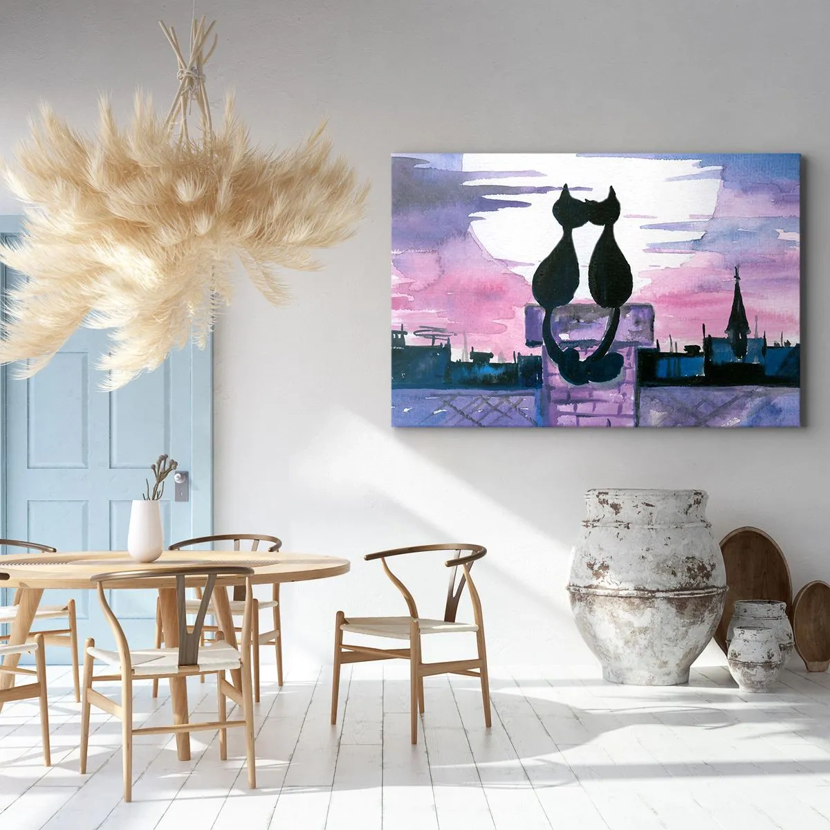 Obraz na plátně - Černé kočky na střeše v měsíčním světle v akvarelovém prostředí - 70x50cm - Rendez-vous pod měsíčkem - Moderní nástěnná dekorace do obývacího pokoje a ložnice ARTTOR
