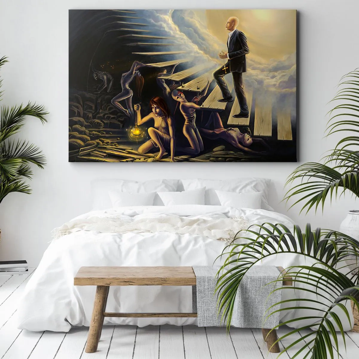 Obraz na plátně - Symbolická scéna cesty ke světlu přes zchátralé schodiště - 70x50cm - Dantovo putování ke světlu - Moderní nástěnná dekorace do obývacího pokoje a ložnice ARTTOR